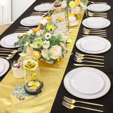 I00000 30 Guests Gold Plastic Plates with Disposable Silverware,Gold Disposable Dinnerware Set Include 30 Dinner Plates,30 Dessert Plates,90 Gold Cutlery for Wedding Party and Valentine's Day