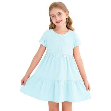 HOOGRIN Girls Waffle Knit Button Detail Tiered Dresses Short Sleeve Casual Sun Beach Dress,Blue,11-1...