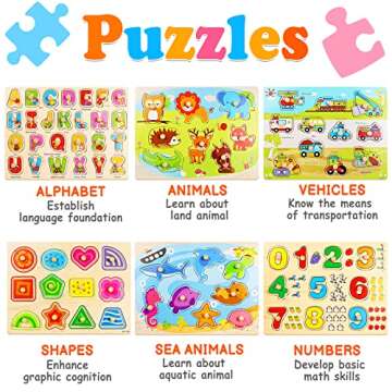 Puzzles for Kids Age 2-4 with Rack and Wooden Clock, 6 Pack Wooden Peg Puzzles for Toddlers with Sto...