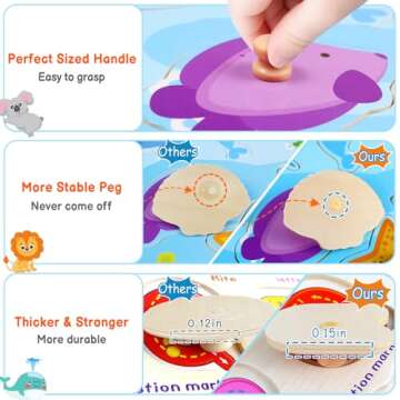 Puzzles for Kids Age 2-4 with Rack and Wooden Clock, 6 Pack Wooden Peg Puzzles for Toddlers with Storage Holder Rack, Educational Toys - Alphabet Number Animal Vehicle Shape