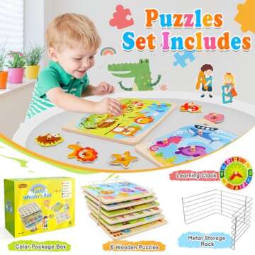 Puzzles for Kids Age 2-4 with Rack and Wooden Clock, 6 Pack Wooden Peg Puzzles for Toddlers with Storage Holder Rack, Educational Toys - Alphabet Number Animal Vehicle Shape