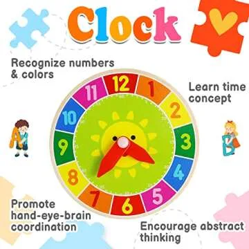 Puzzles for Kids Age 2-4 with Rack and Wooden Clock, 6 Pack Wooden Peg Puzzles for Toddlers with Storage Holder Rack, Educational Toys - Alphabet Number Animal Vehicle Shape