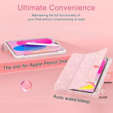 iPad Air 11 Inch Case 2024, iPad Air 5th/4th Gen Case 2022/2020 10.9 Inch with Pencil Holder, Auto Wake/Sleep, Sparkly Glitter Trifold Stand Leather Cover with Shiny Clear TPU Back, Rose Gold