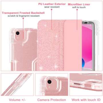 iPad Air 11 Inch Case 2024, iPad Air 5th/4th Gen Case 2022/2020 10.9 Inch with Pencil Holder, Auto Wake/Sleep, Sparkly Glitter Trifold Stand Leather Cover with Shiny Clear TPU Back, Rose Gold