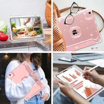 iPad Air 11 Inch Case 2024, iPad Air 5th/4th Gen Case 2022/2020 10.9 Inch with Pencil Holder, Auto Wake/Sleep, Sparkly Glitter Trifold Stand Leather Cover with Shiny Clear TPU Back, Rose Gold