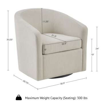Martha Stewart Amber Swivel Chair for Living Room Barrel Style Bedroom Lounge Removable Foam Seat Cushion Upholstered, Nursery Furniture, Metal Base, Fully Assembled, 30.5"W x 29.75"D x 30.25"H, Ivory