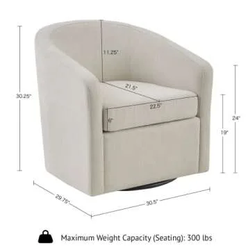 Martha Stewart Amber Swivel Chair for Living Room Barrel Style Bedroom Lounge Removable Foam Seat Cushion Upholstered, Nursery Furniture, Metal Base, Fully Assembled, 30.5"W x 29.75"D x 30.25"H, Ivory