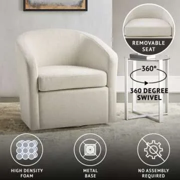 Martha Stewart Amber Swivel Chair for Living Room Barrel Style Bedroom Lounge Removable Foam Seat Cushion Upholstered, Nursery Furniture, Metal Base, Fully Assembled, 30.5"W x 29.75"D x 30.25"H, Ivory