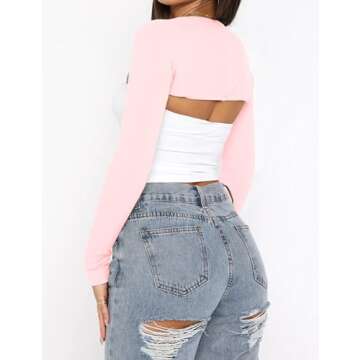 MISSACTIVER Women's Long Sleeve Ribbed Knit Bolero Shrug Crop Top Sexy Backless Open Front Cropped Shawl Cardigan 90s E-Girls Baby Pink