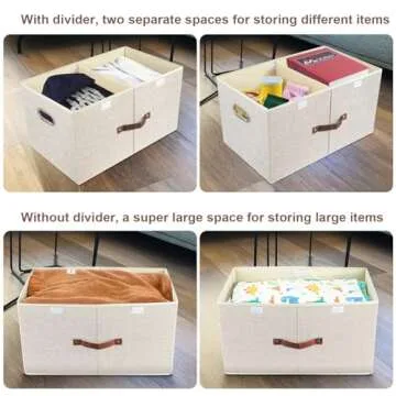 TYEERS Extra Large Collapsible Storage Bins with Lids and Compartments, Washable, Fabric Storage Boxes, 21.7x13x11.8 inches, 2 Pack, Beige