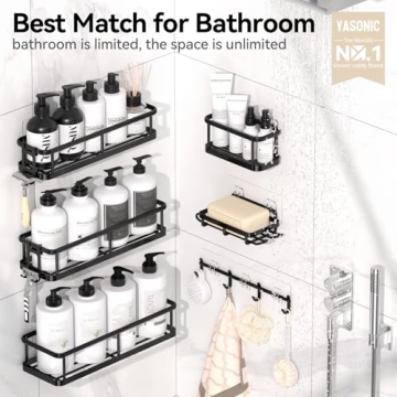 YASONIC Shower Caddy 6 Pack Rustproof Shower Organizer, Large Capacity Shower Shelves for inside shower, Bathroom Organizers and Storage with Soap Holder and 12 Hooks, Adhesive Shower storage, Black