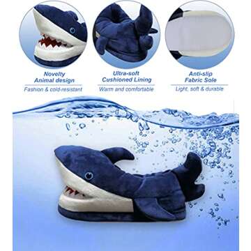 Friendly House Women's Fluffy Animal Slippers, Novelty Shark Whale Fish Slippers for Women and Men(7-9, shark)