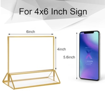 NIUBEE 6Pack 6 x 4 Horizontal Clear Acrylic Sign Holder with Gold Borders, Double Sided Table Menu Stands Picture Frames for Wedding Table Numbers, Restaurant Signs, Photos and Art Display