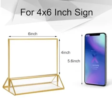 NIUBEE 6Pack 6 x 4 Horizontal Clear Acrylic Sign Holder with Gold Borders, Double Sided Table Menu Stands Picture Frames for Wedding Table Numbers, Restaurant Signs, Photos and Art Display
