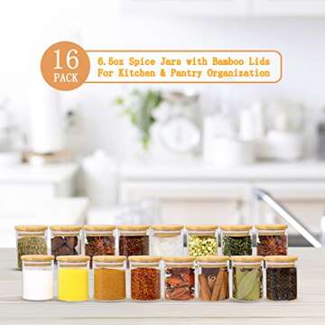 Hoanra 6.5 oz Glass Spice Jar with Bamboo Airtight Lids and Labels, Small Glass Food Storage Containers for Kitchen Pantry Organization Spices Tea Coffee Candy Herbs（16 Pack）