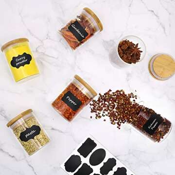 Hoanra 6.5 oz Glass Spice Jar with Bamboo Airtight Lids and Labels, Small Glass Food Storage Containers for Kitchen Pantry Organization Spices Tea Coffee Candy Herbs（16 Pack）