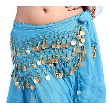Lauthen.S 128 Coins Belly Dance Hip Scarf Tribal Belt Halloween Genie Costume Accessory Blue