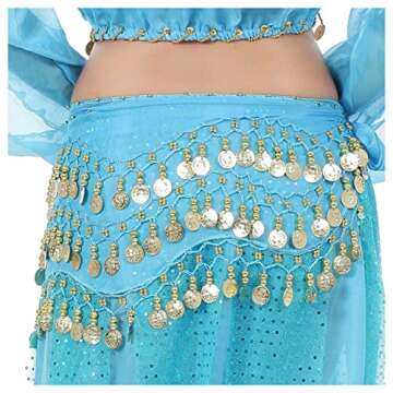 Lauthen.S 128 Coins Belly Dance Hip Scarf Tribal Belt Halloween Genie Costume Accessory Blue
