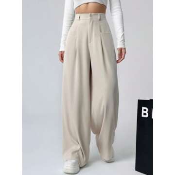 GORGLITTER Women's Elastic High Waisted Wide Leg Baggy Pants Business Casual Pleated Loose Trousers Apricot Small