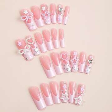 MISUD Press on Nails Long Square Fake Nails Glossy Glue on Nails Pink French Tip Acrylic Nails Squov...
