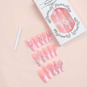 MISUD Press on Nails Long Square Fake Nails Glossy Glue on Nails Pink French Tip Acrylic Nails Squoval Star Pearl Bow Artificial Nails Rhinestone Flower Stick on False Nails with Design 24 pcs