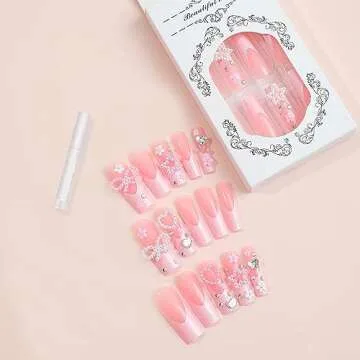 MISUD Press on Nails Long Square Fake Nails Glossy Glue on Nails Pink French Tip Acrylic Nails Squoval Star Pearl Bow Artificial Nails Rhinestone Flower Stick on False Nails with Design 24 pcs