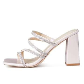 Celbreez Heeled Sandals Square Open Toe Chunky Block Heel Sandals for Women Sparkly Rhinestone Strap Slip-on High Heels Dress shoes