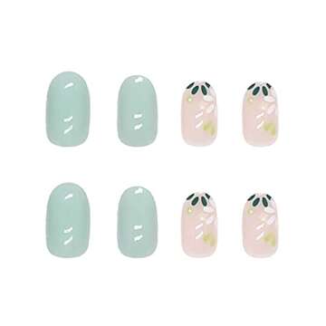 RikView Almond Press on Nails Medium Fake Nails with Flowers Design Green Nails for Women 24 PCs/Set