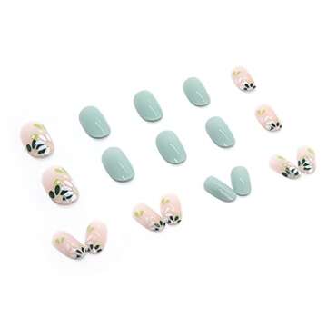 RikView Almond Press on Nails Medium Fake Nails with Flowers Design Green Nails for Women 24 PCs/Set