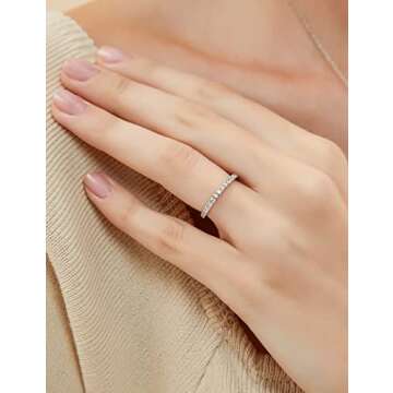 EAMTI 2mm 14K White Gold Plated Wedding Band Cubic Zirconia Half Eternity Stackable Engagement Ring Size 8