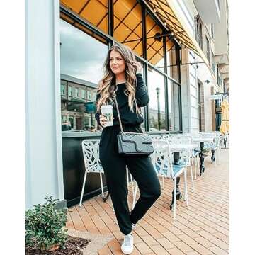 PRETTYGARDEN Women's Casual Long Sleeve Jumpsuit Crewneck One Off Shoulder Elastic Waist Stretchy Ro...