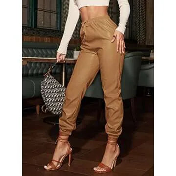 Floerns Women's Drawstring High Waisted Cropped Tapered Pu Leather Pants Khaki M