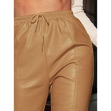 Floerns Women's Drawstring High Waisted Cropped Tapered Pu Leather Pants Khaki M