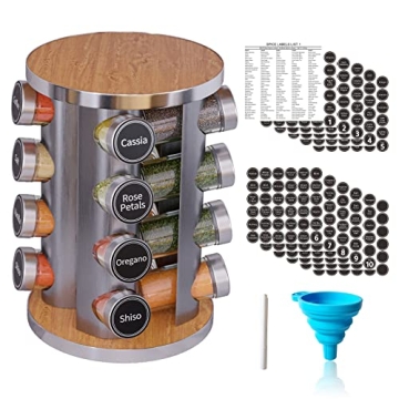 New England Stories Revolving Spice Rack Set with 16 Spice Jars - Elegant Kitchen Organizer