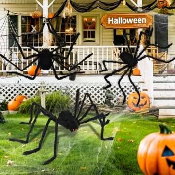 Halloween Giant Spider Decorations Outdoor: 3 PCS Halloween Spider Decorations Outside - 50'' Large Spiders Realistic Hairy Halloween Decor - Scary Big Spiders Halloween Decorations for Indoor Yard