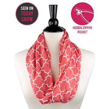 Pop Fashion Quatrefoil Pattern Infinity Scarf for Women - Lightweight, Comfortable Travel Scarf with Hidden Pocket to Store Phone, Keys, and Wallet - Fashion Scarf for All Seasons (Coral Pink)