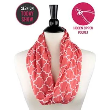 Pop Fashion Quatrefoil Pattern Infinity Scarf for Women - Lightweight, Comfortable Travel Scarf with Hidden Pocket to Store Phone, Keys, and Wallet - Fashion Scarf for All Seasons (Coral Pink)