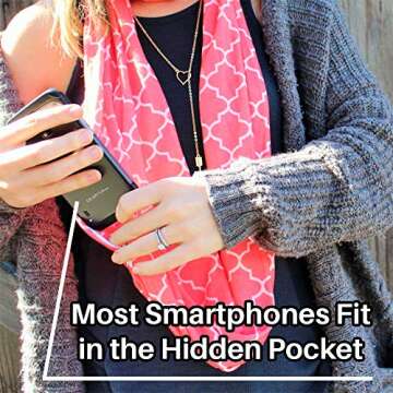 Pop Fashion Quatrefoil Pattern Infinity Scarf for Women - Lightweight, Comfortable Travel Scarf with Hidden Pocket to Store Phone, Keys, and Wallet - Fashion Scarf for All Seasons (Coral Pink)