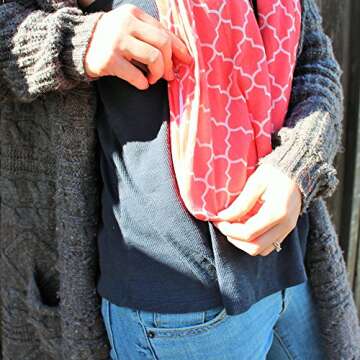 Pop Fashion Quatrefoil Pattern Infinity Scarf for Women - Lightweight, Comfortable Travel Scarf with Hidden Pocket to Store Phone, Keys, and Wallet - Fashion Scarf for All Seasons (Coral Pink)