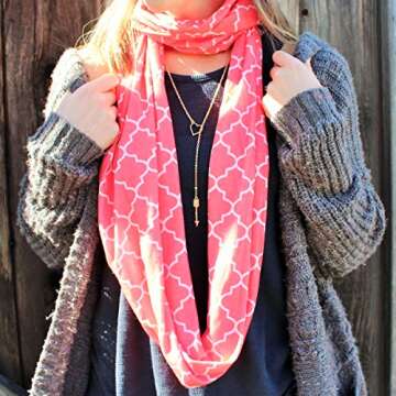 Pop Fashion Quatrefoil Pattern Infinity Scarf for Women - Lightweight, Comfortable Travel Scarf with Hidden Pocket to Store Phone, Keys, and Wallet - Fashion Scarf for All Seasons (Coral Pink)