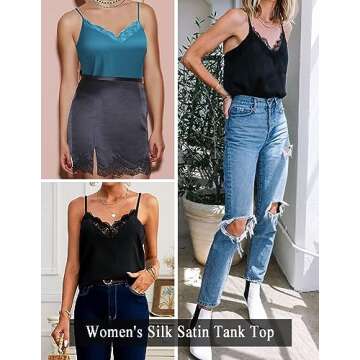 Zeagoo Camisole Tops for Women Slik Satin Spaghetti Strap Tank Top Lace V Neck Cami 2 PCS