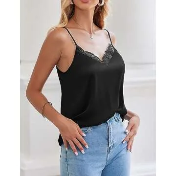 Zeagoo Camisole Tops for Women Slik Satin Spaghetti Strap Tank Top Lace V Neck Cami 2 PCS