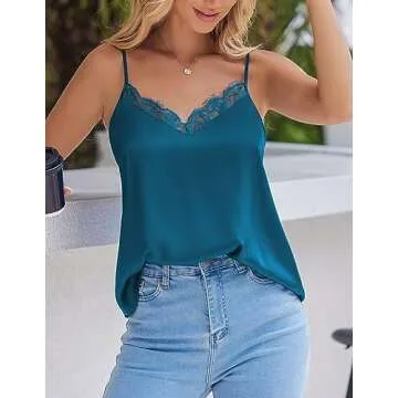 Zeagoo Camisole Tops for Women Slik Satin Spaghetti Strap Tank Top Lace V Neck Cami 2 PCS