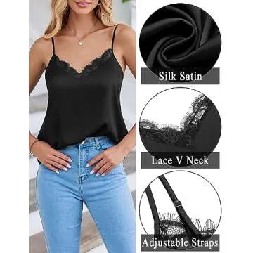 Zeagoo Camisole Tops for Women Slik Satin Spaghetti Strap Tank Top Lace V Neck Cami 2 PCS