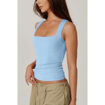 QINSEN Women's Square Neck Sleeveless Double-Layer Tank Tops Basic Tight T Shirts Blue L