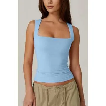 QINSEN Women's Square Neck Sleeveless Double-Layer Tank Tops Basic Tight T Shirts Blue L