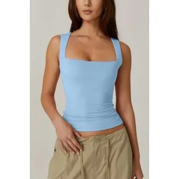 QINSEN Women's Square Neck Sleeveless Double-Layer Tank Tops Basic Tight T Shirts Blue L
