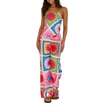ROAONOCOMO Women Graphic 2 Piece Outfit Strapless Tie Back Tube Top Wide Leg Lounge Pants Set Summer...