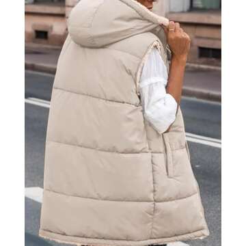 BTFBM Fall Long Puffer Vest Women Sleeveless Hooded Reversible Fleece Sherpa Jacket Zip Up Winter Coat Outerwear Vests(Solid Light Khaki, Medium)