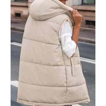 BTFBM Fall Long Puffer Vest Women Sleeveless Hooded Reversible Fleece Sherpa Jacket Zip Up Winter Coat Outerwear Vests(Solid Light Khaki, Medium)